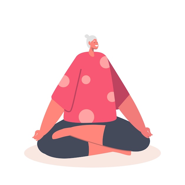 Personaje femenino mayor meditando en la postura del loto, yoga de la mujer mayor, estilo de vida saludable, equilibrio emocional de relajación, estado de ánimo positivo aislado en el fondo blanco. caricatura, gente, vector, ilustración