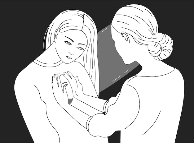 Personaje femenino mirando dentro de otra mujer. Concepto de psicoterapia, psicoanálisis, trabajo psicoterapéutico, ayuda psicológica, atención a la salud mental. Ilustración de vector en colores blanco y negro.