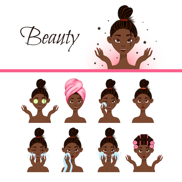 Personaje femenino negro con diferentes procedimientos cosméticos para la cara. estilo de dibujos animados ilustración.