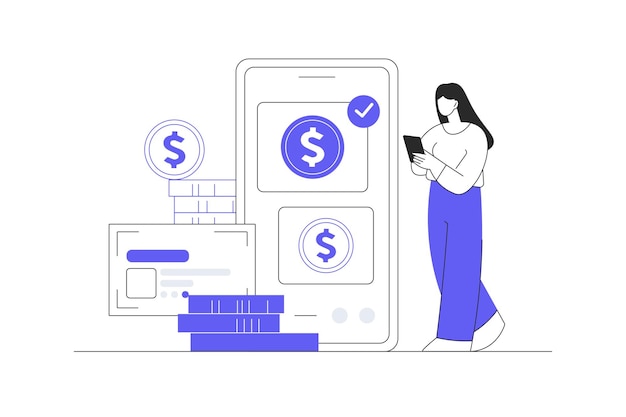 Personaje femenino pagando en línea y recibiendo dinero de bonificación o recompensa de vuelta en tarjeta de crédito Cashback