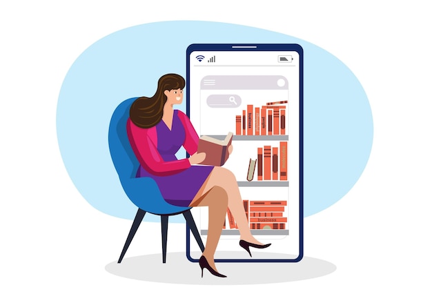 El personaje femenino que buscó libros para leer desde teléfonos móviles en el mundo en línea Concepto de biblioteca de biblioteca mundial de Internet Ilustración de vector de dibujos animados de estilo plano