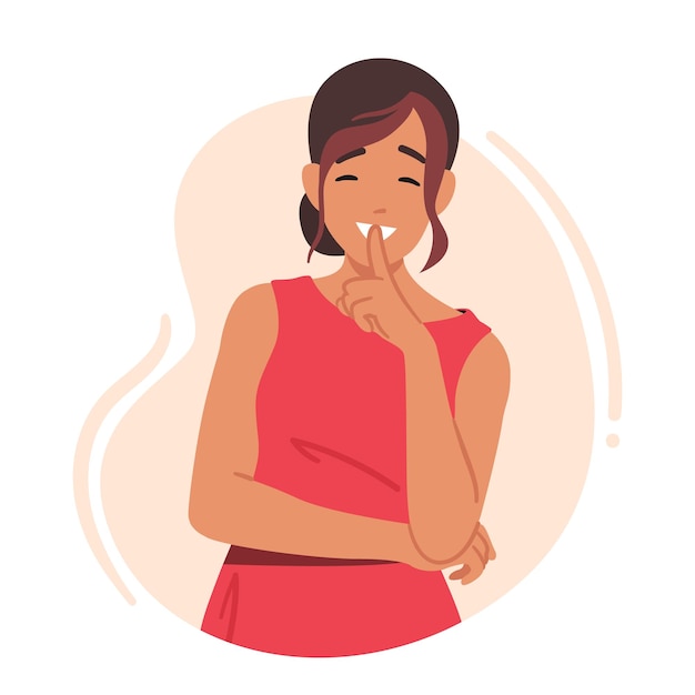 Personaje femenino que muestra un gesto de silencio presionando un dedo contra sus labios para transmitir un mensaje de secreto