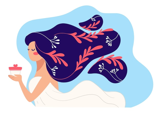 Personaje femenino que presenta champú o acondicionador para un tratamiento saludable. Lavado suave y delicado. Dama de pelo largo. Follaje decorativo y hojas en peinado de niñas. Vector en estilo plano