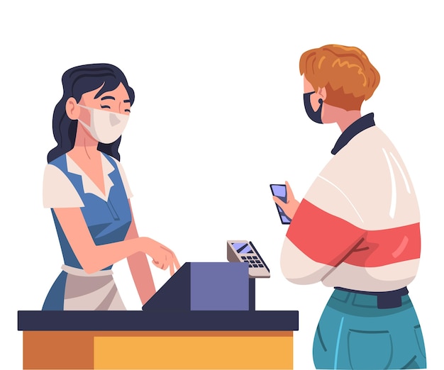 Personaje femenino que utiliza el pago sin contacto con el teléfono inteligente para la ilustración vectorial de prevención del coronavirus