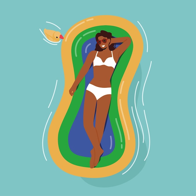 Personaje femenino relajado que disfruta de las vacaciones de verano flotando en un colchón de aire inflable, tomar el sol y broncearse