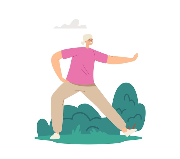 Vector personaje femenino senior ejercicio al aire libre haciendo ejercicios de tai chi. anciana flexibilidad y bienestar estilo de vida saludable. entrenamiento matutino de pensionista en city park. ilustración vectorial de dibujos animados