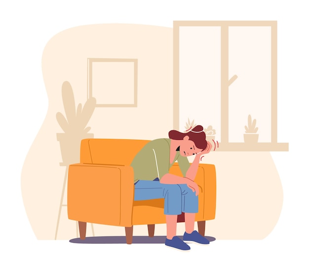 Personaje femenino sensación de dolor de cabeza, mujer sentada en un sillón con dolor fuerte. Problema de salud, síntomas de enfermedades y malestar corporal. Resultado de estrés o alcohol. Ilustración de vector de gente de dibujos animados