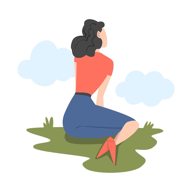 Personaje femenino sentado en la hierba y mirando hacia adelante como en un futuro brillante Ilustración vectorial
