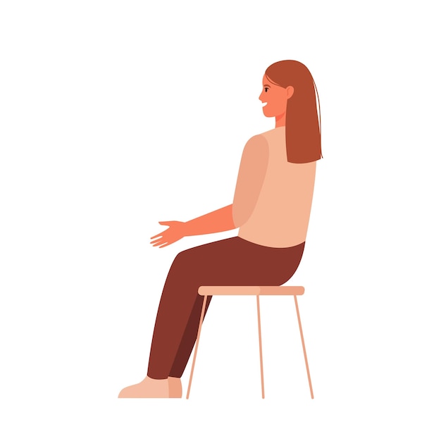 Personaje femenino sentado en una silla y hablando. Ilustración de vector plano.