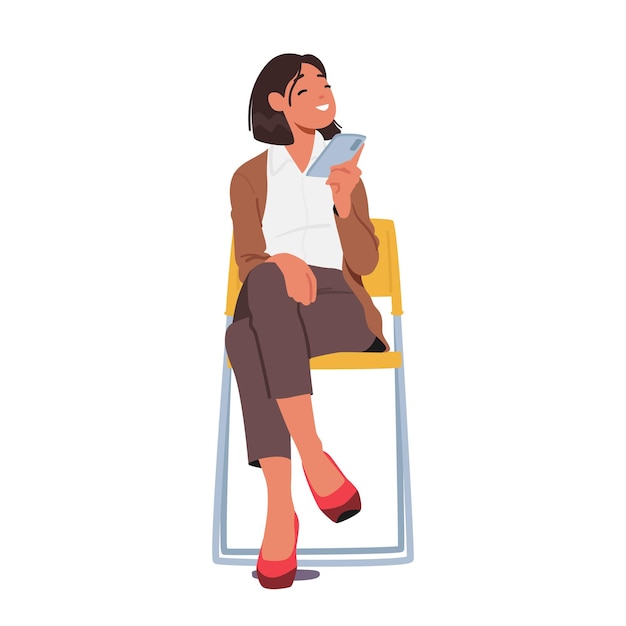 Vector personaje femenino sentado en una silla con teléfono inteligente en manos aisladas sobre fondo blanco tecnología empresarial