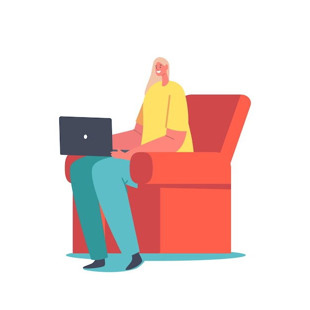 Personaje femenino sentado en un sillón con portátil en manos aisladas sobre fondo blanco. Freelancer, Programador, Codificador o Analista de Procesos Laborales, Educación Online. Ilustración de vector de gente de dibujos animados