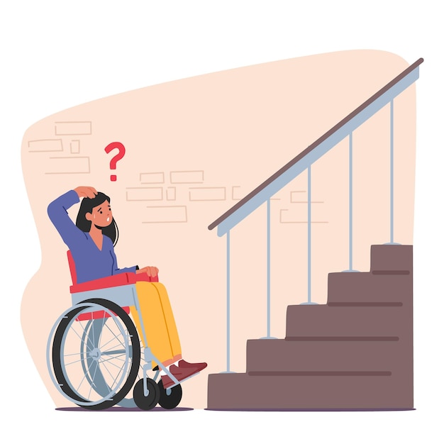 Personaje femenino en silla de ruedas tratando de acceder al porche del edificio sin rampa Accesibilidad e inclusión