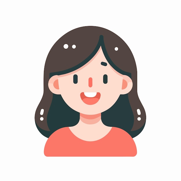 El personaje femenino sonriente está diseñado utilizando un estilo de diseño plano simple con una combinación de 2 c