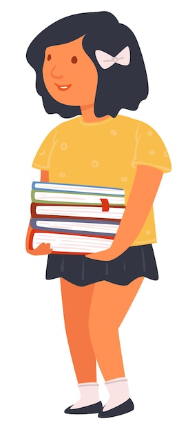 Personaje femenino sosteniendo libros, colegiala aislada con libros de texto. Linda chica caminando a la escuela, estudiante en biblioteca preparándose para el examen. Tarea del alumno aprendiendo del vector de cuadernos en plano