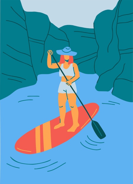 Personaje femenino stand up paddle embarque diversión de verano actividad de ocio en el agua ilustración de vector dibujado a mano