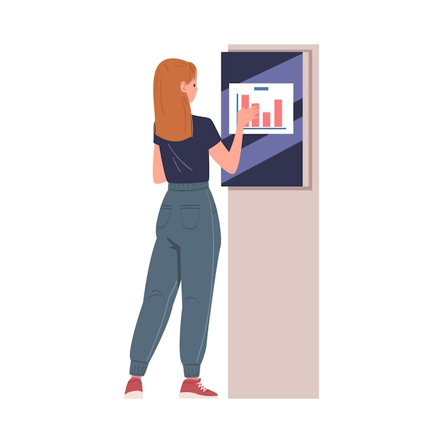 Personaje femenino trabajando con gráfico en pantalla o ilustración vectorial de soporte de visualización