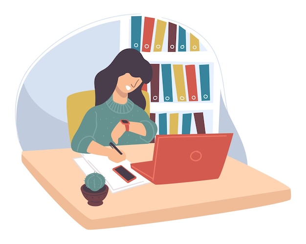 Personaje femenino trabajando en la oficina, esperando que termine el día. Freelancer pensando en la fecha límite del proyecto. Personaje con laptop y documentos relacionados con horarios y problemas. Vector en estilo plano
