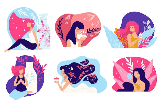 Personaje femenino usando y probando diferentes cosméticos y productos para el cabello y la piel. Señora elegante o modelo con lociones y cremas. Publicidad o comercial de maquillaje. Vector en estilo plano