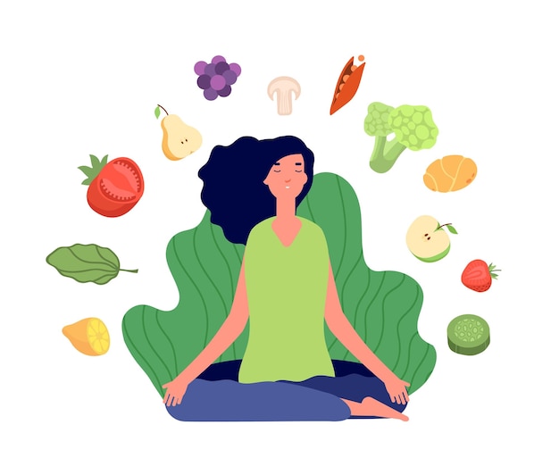 Personaje femenino vegetariano mujer joven meditación productos ecológicos o alimentos saludables estilo de vida vegano verde verduras y frutas concepto de vector completo