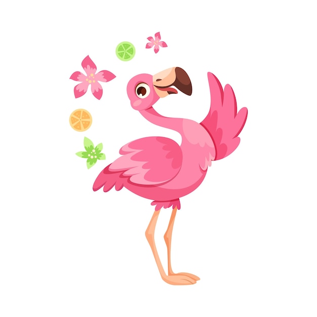 Vector personaje de flamenco rosa con cuello largo y piernas de pie con flores ilustración vectorial