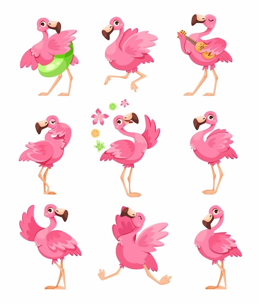 Vector personaje de flamenco rosa con cuello y piernas largas conjunto de vectores