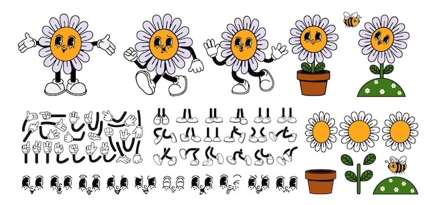 Personaje de flor de dibujos animados Daisy retro constructor Smiley flor cara divertida mascota caminando manzanilla con planta de abeja en maceta Diseño de moda etiqueta vector conjunto