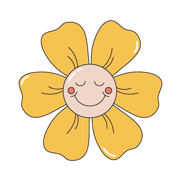 Personaje de flor de vector de dibujos animados con expresión de cara etiqueta engomada vintage