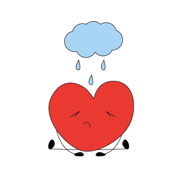 El personaje en forma de corazón está triste bajo una nube lluviosa