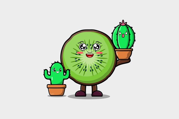 Personaje de fruta de kiwi de dibujos animados lindo con planta de fruta de kiwi en ilustración de icono de vector de olla