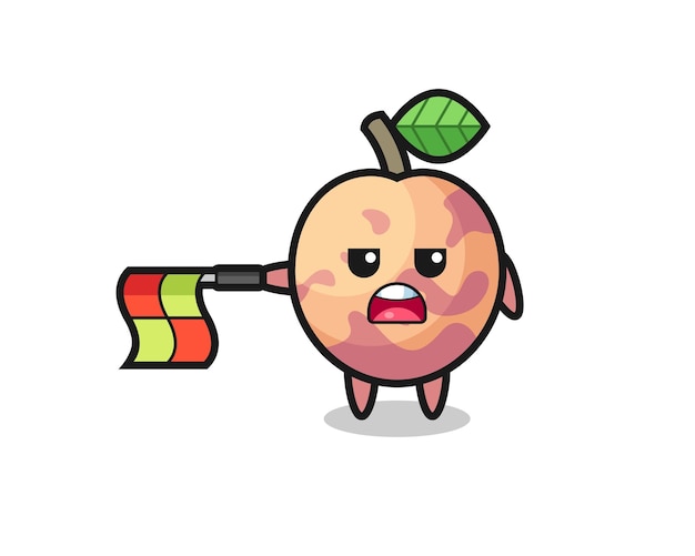 El personaje de la fruta Pluot como juez de línea sostiene la bandera recta horizontalmente