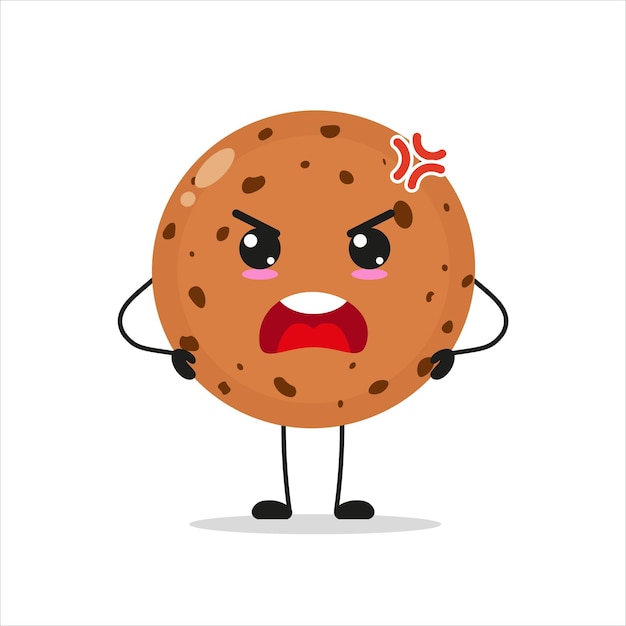 El personaje de la galleta linda y enojada es un emoticon de dibujos animados de galleta loca en el vector de emoticones de panadería de estilo plano.