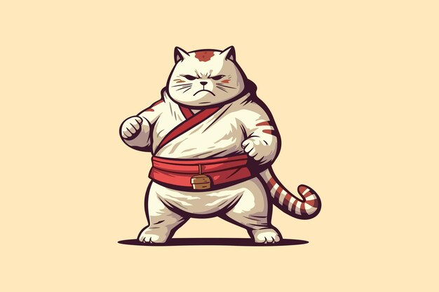 Personaje de gato de dibujos animados de artes marciales en postura de lucha con cinturón rojo
