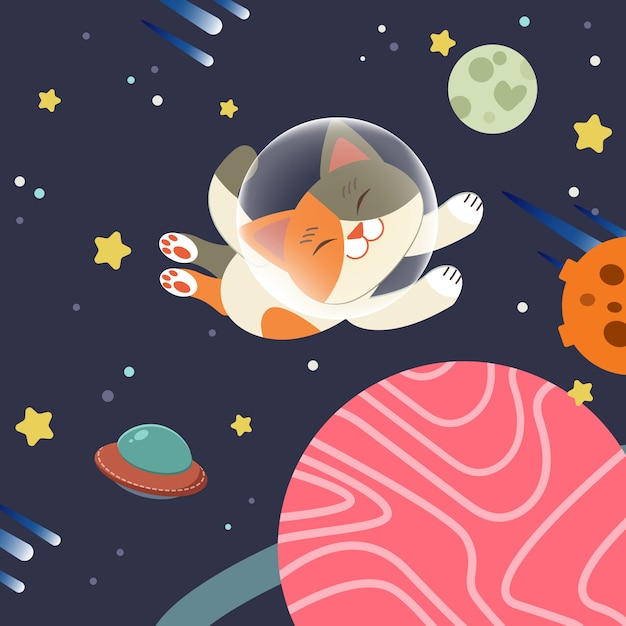 El personaje del gato lindo flota en el espacio. el gato flota en el espacio con grupo de estrellas.