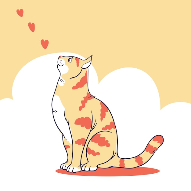 Personaje de gato mirando al cielo con un pequeño corazón dibujo a mano de línea de arte adorable ilustración vectorial de mascotas
