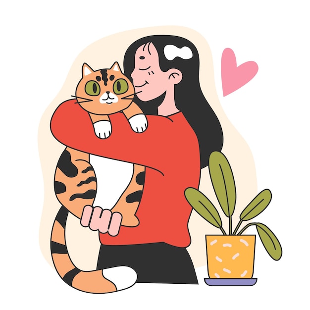 Personaje con un gato Mujer feliz y gatito pasan tiempo juntos Amistad entre dueño de animal y mascota Escena linda Ilustración de vector plano