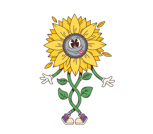 El personaje de girasol amarillo retro de dibujos animados
