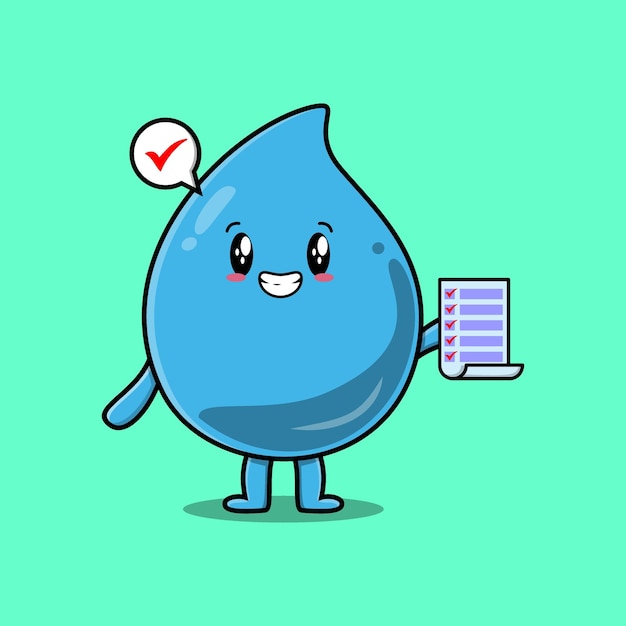 Personaje de gota de agua de dibujos animados lindo con nota de lista de verificación en concepto de estilo de dibujos animados plana