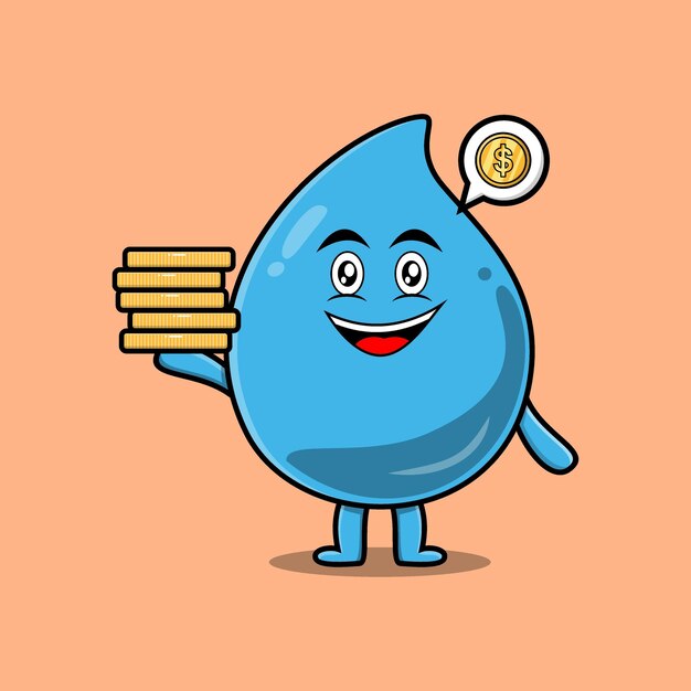 Personaje de gota de agua de dibujos animados lindo sosteniendo en ilustración de vector de moneda de oro apilada