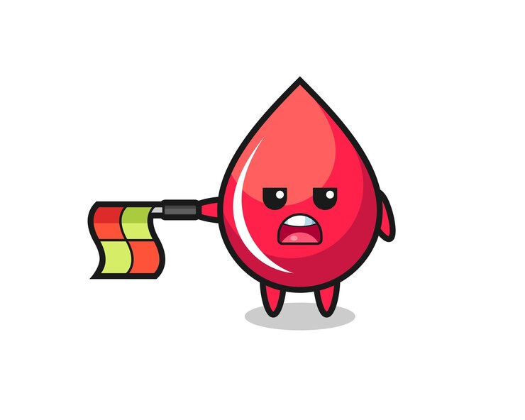 Vector personaje de gota de sangre como juez de línea, mantenga la bandera recta horizontalmente
