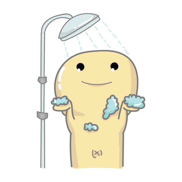 personaje gracioso tomar un baño con ducha y burbuja