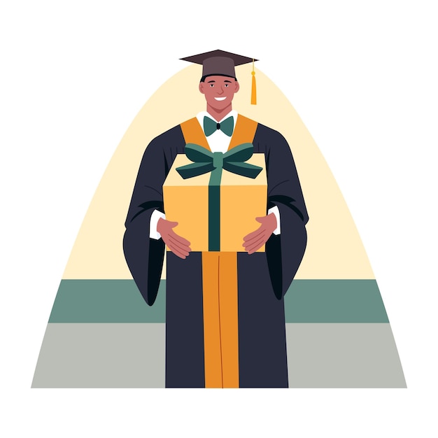 Un personaje graduado sosteniendo un regalo ilustración de estilo plano