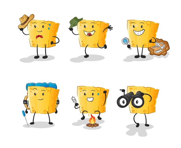 personaje del grupo de aventura de queso. vector de mascota de dibujos animados