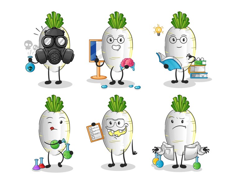 Vector personaje del grupo científico de rábano blanco. vector de mascota de dibujos animados