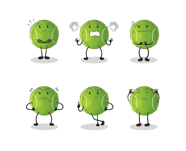 Personaje de grupo enojado de pelota de tenis. vector de mascota de dibujos animados