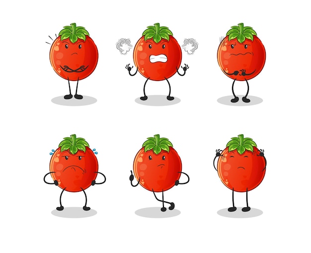 Vector personaje de grupo enojado de tomate. vector de mascota de dibujos animados