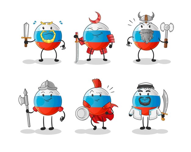 Vector personaje de grupo de guerreros de la bandera de rusia. vector de mascota de dibujos animados