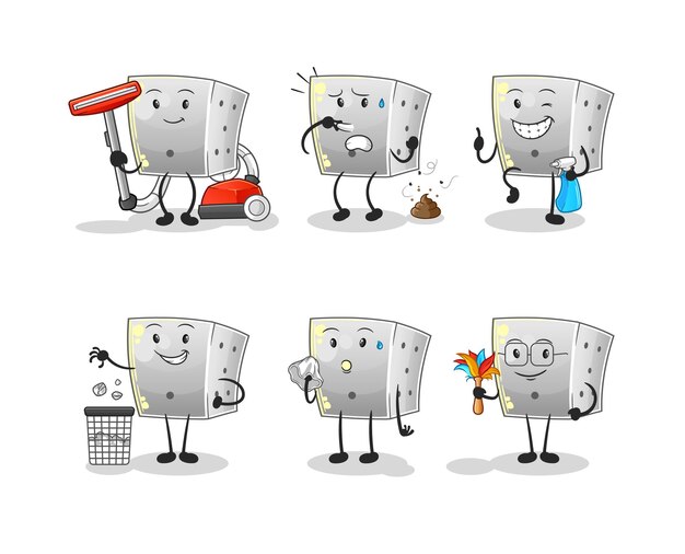 Vector personaje del grupo de limpieza de dados. vector de mascota de dibujos animados