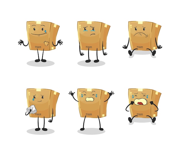 Personaje de grupo triste de caja de cartón. vector de mascota de dibujos animados