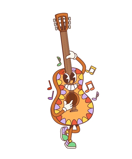 Vector el personaje de guitarra de dibujos animados retro groovy y funky