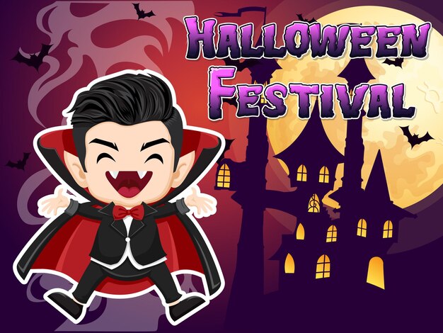 Personaje de Halloween de dibujos animados de vampiros con efectos de texto del Festival de Halloween Ilustración vectorial